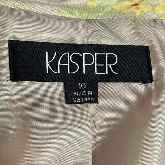 Kasper Linen Blend Blazer Jacket 16 Floral Yellow Red Open Front Lined Vintage - Picture 7 of 8